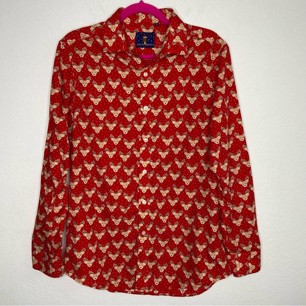 Simon Banks Reindeer Christmas Button Down Men’s Button Down Size M